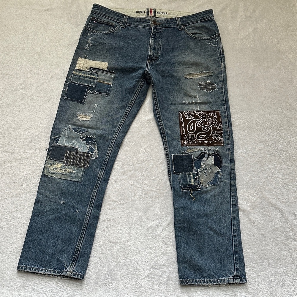 Y2K Mens Upcycled Patchwork Thrashed Streetwear Classic‎ Straight Jeans 34x32